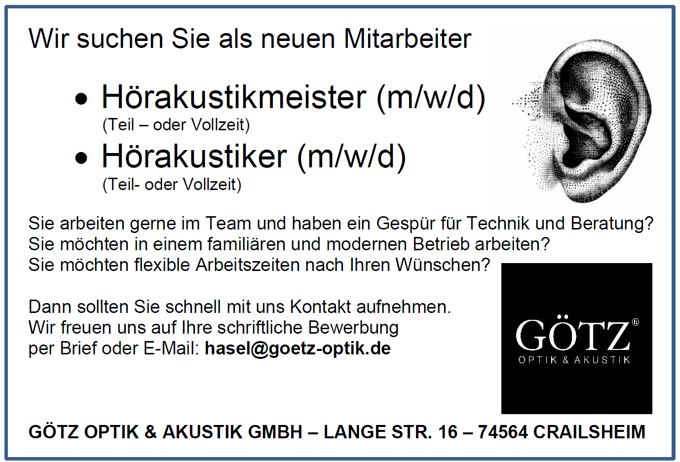 Stellenanzeige von Götz Optik & Akustik